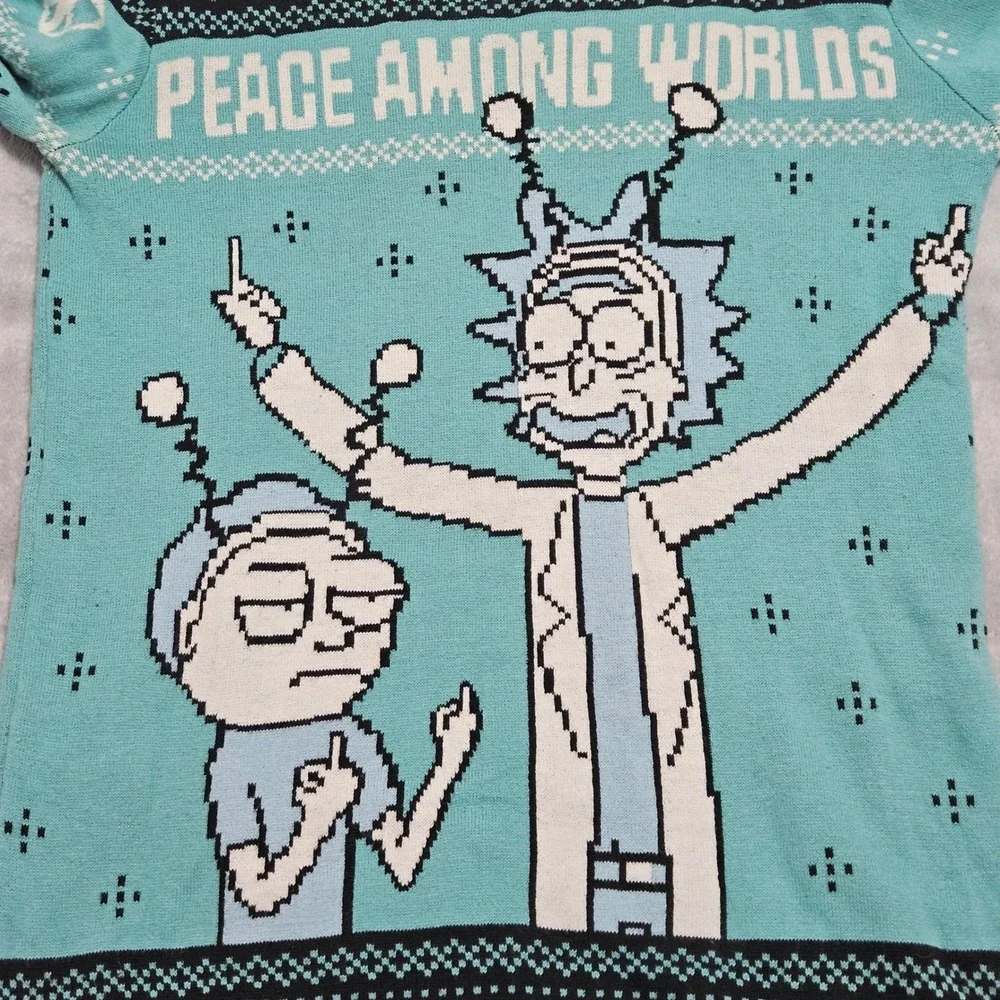 Rick and Morty Peace Among Worlds Ugly Christmas Sweater Adult XS Middle Finger‎